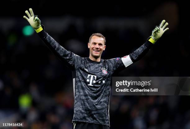 Manuel Neuer of FC Bayern Munich celebrates his team's seventh goal during the UEFA Champions League group B match between Tottenham Hotspur and...