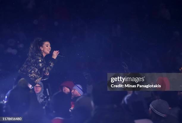 Jess Moskaluke performs during the second intermission as the Calgary Flames take on the Winnipeg Jets during the 2019 Tim Hortons NHL Heritage...