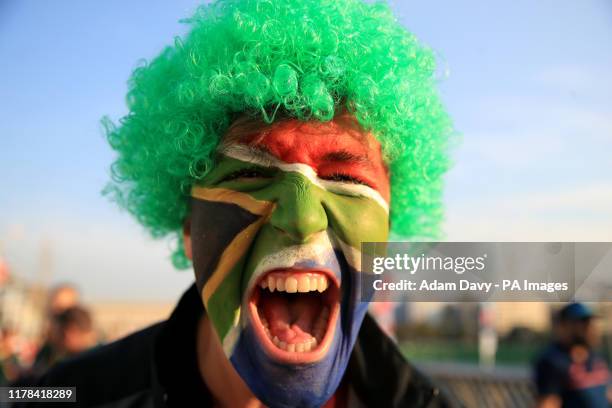 South Africa fan show his support ahead of the 2019 Rugby World Cup Semi Final match at International Stadium Yokohama.