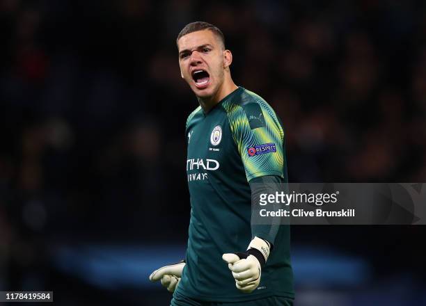 Ederson of Manchester City celebrates following his team's second goal scored by Phil Foden of Manchester City during the UEFA Champions League group...