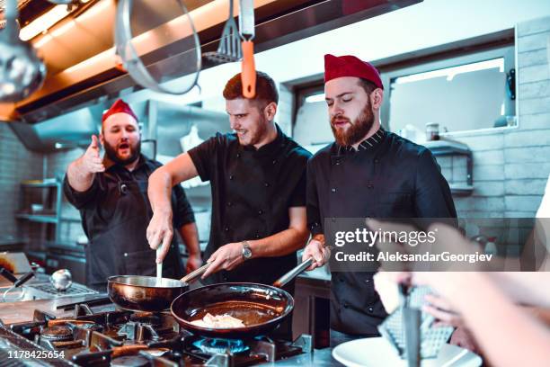 male chef shouting at cooks to stop making mistakes - ruined dinner stock pictures, royalty-free photos & images