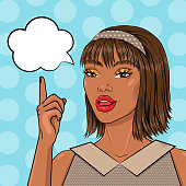 Pop art african american buiseness woman pointing on speech bubble, vector illustration in pop art retro comic style