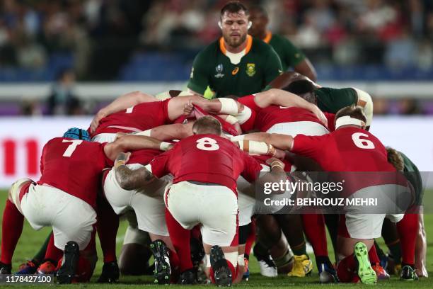 South Africa's number 8 Duane Vermeulen watches a scrum during the Japan 2019 Rugby World Cup semi-final match between Wales and South Africa at the...