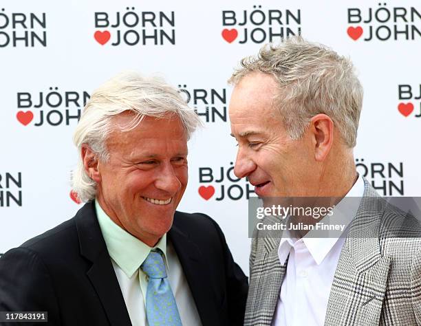 Wimbledon tennis legends Bjorn Borg and John McEnroe attend a photocall at Wimbledon Park on July 1, 2011 in Wimbledon, England. Borg and McEnroe...