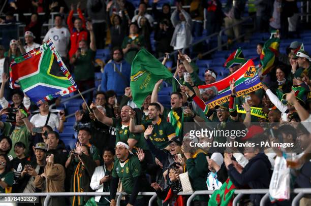 South Africa fans celebrates after the final whistle of the 2019 Rugby World Cup Semi Final match at International Stadium Yokohama.
