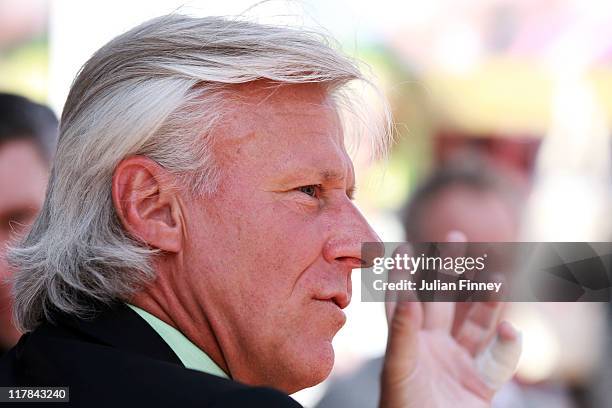 Wimbledon tennis legend Bjorn Borg speaks at a photocall at Wimbledon Park on July 1, 2011 in Wimbledon, England. Borg and McEnroe teaming up to...