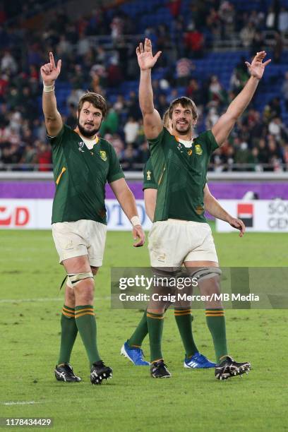 Eben Etzebeth and Lodewyk de Jager of South Africa celebrate victory and acknowledge the crowd after the Rugby World Cup 2019 Semi-Final match...