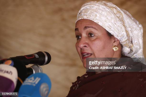 Deputy Secretary General Amina Mohammed speaks during a press conference in the Sudanese capital Khartoum on the occasion of the celebration of the...