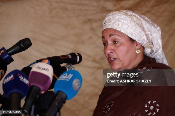 Deputy Secretary General Amina Mohammed speaks during a press conference in the Sudanese capital Khartoum on the occasion of the celebration of the...