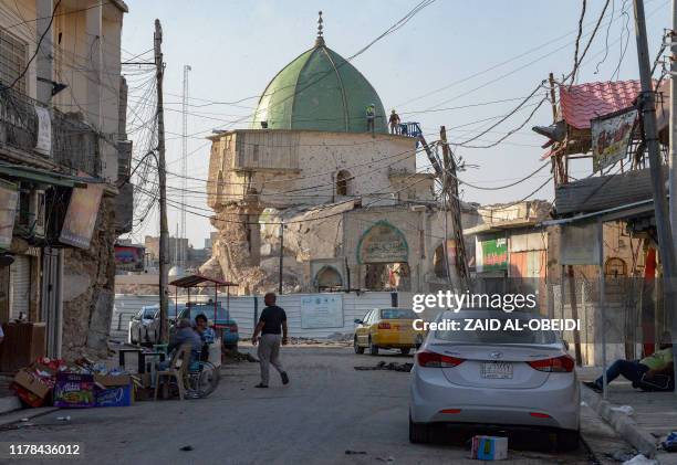 Picture taken on October 27, 2019 shows Mosul's heavily damaged Al-Nuri Mosque in the former base of the Islamic State group in northern Iraq, where...