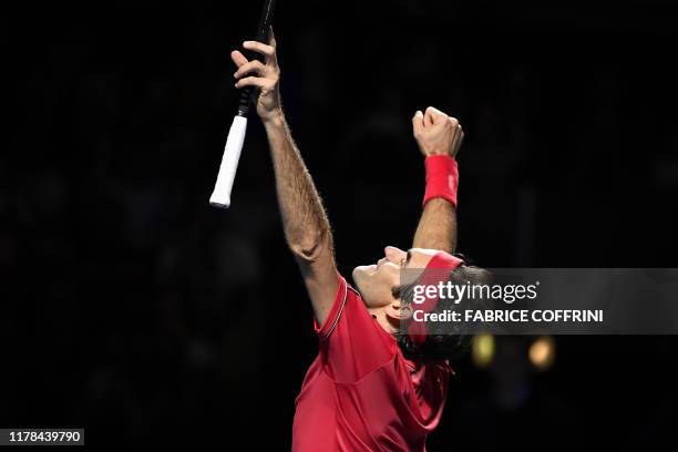 Swiss Roger Federer celebrates his victory during the final match at the Swiss Indoors tennis tournament in Basel on October 27, 2019.