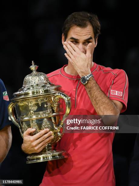 Swiss Roger Federer reacts after he won the final match at the Swiss Indoors tennis tournament in Basel on October 27, 2019.