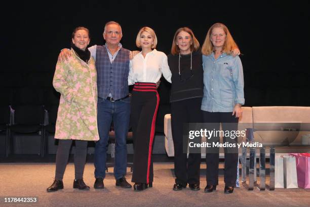 Ana Francis Mor, Alvaro Guerrero, Itati Cantiral, and Sabina Berman pose for photos during the press conference of the play 'Testosterona' at Rafael...