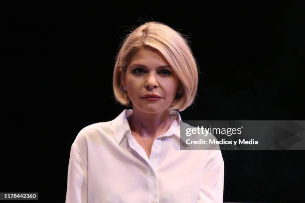 Itati Cantoral listens to the questions and answers during the press conference of the play 'Testosterona' at Rafael Solana Theatre on October 1,...
