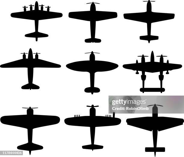 ilustraciones, imágenes clip art, dibujos animados e iconos de stock de siluetas de avión retro de la segunda guerra mundial - segunda guerra mundial
