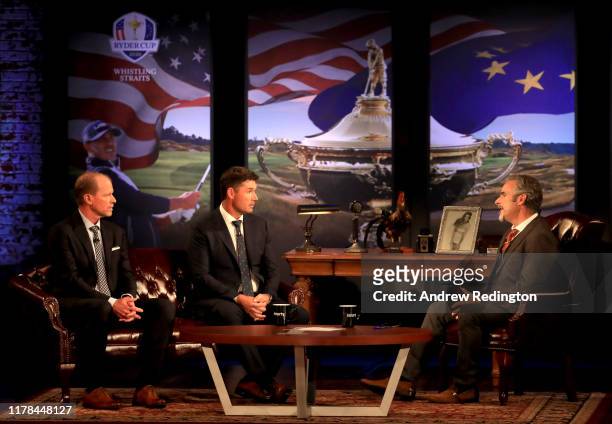 Host David Feherty speaks to guests United States Captain Steve Stricker and European Captain Padraig Harrington on the Feherty Live, Countdown to...
