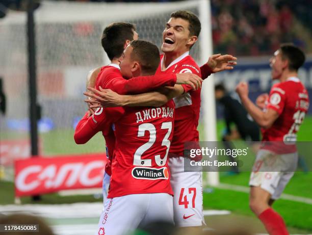 Jordan Larsson and Roman Zobnin of FC Spartak Moscow celebrate during the Russian Football League match between FC Lokomotiv Moscow and FC Spartak...