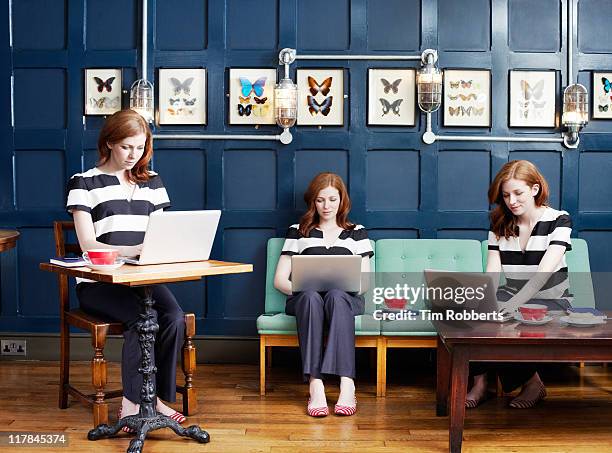 multiple exposure of woman working in a cafe shop. - multiple exposure stock pictures, royalty-free photos & images