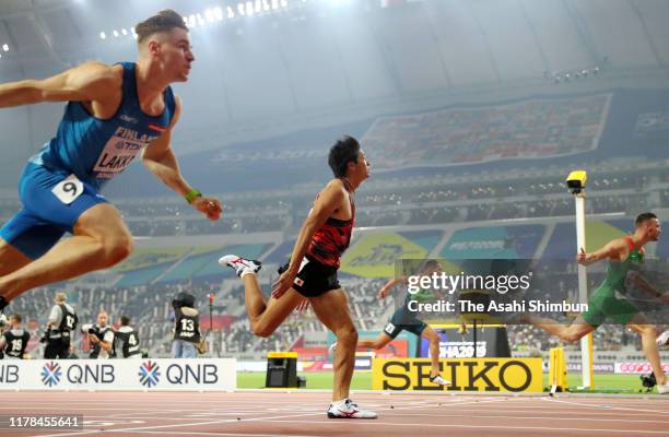 Taio Kanai of Japan crosses the finish line in the Men's 110 Metres Hurdles heat during day four of 17th IAAF World Athletics Championships Doha 2019...