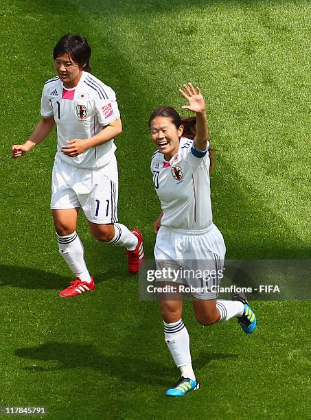 Homare Sawa of Japan celebrates her goal during the FIFA Women's World Cup 2011 Group B match between Japan and Mexico at the BayArena on July 1,...