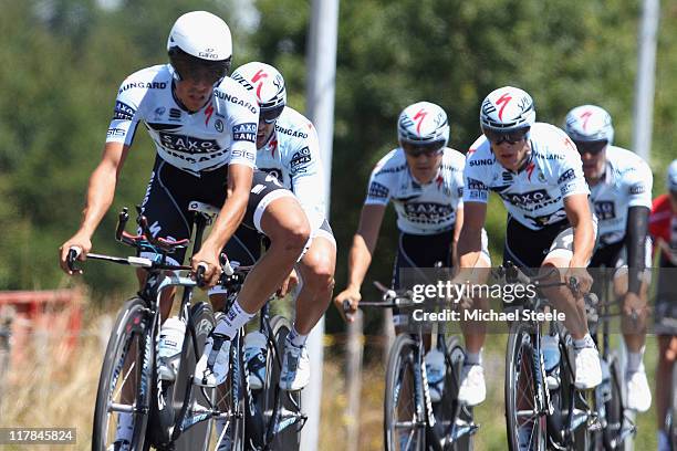 Alberto Contador of Spain leads the Saxo Bank Sungard team during training on the team time trial course on July 1, 2011 in Les Herbiers, France.