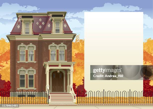 victorian house in autumn with copy space - victorian mansion stock illustrations