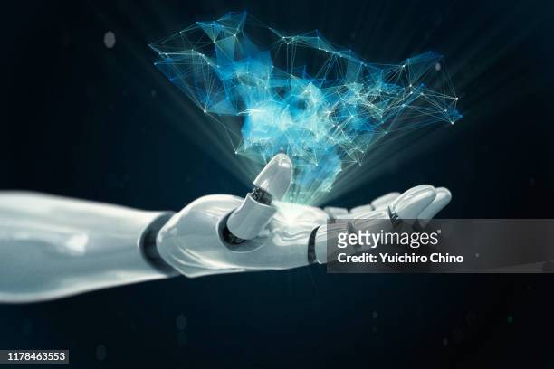 robot arm showing the network connection - bionic hand stock-fotos und bilder