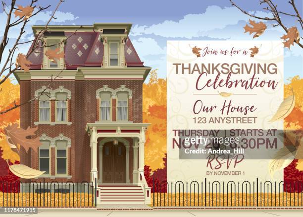 victorian house in autumn thanksgiving invite and copy space - victorian font stock illustrations