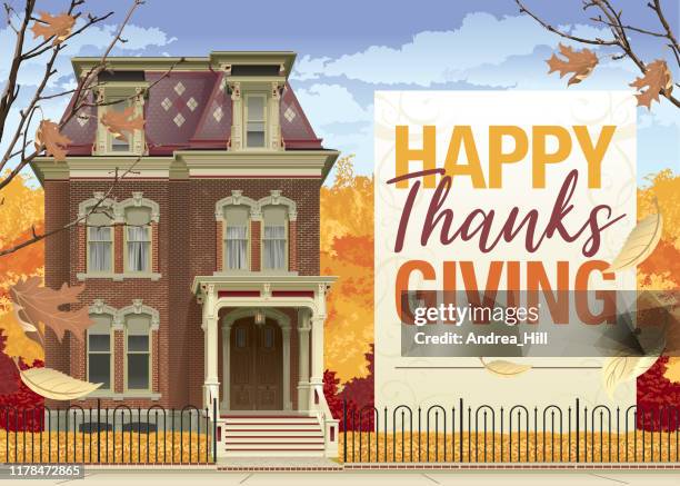 viktorianischen haus im herbst mit happy thanksgiving text und kopie space - colonial home stock-grafiken, -clipart, -cartoons und -symbole