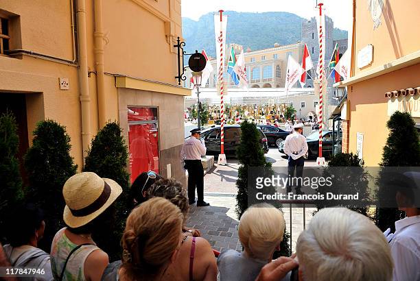 Guests arrive to attend the civil ceremony of the Royal Wedding of Prince Albert II of Monaco to Charlene Wittstock at the Prince's Palace on July 1,...