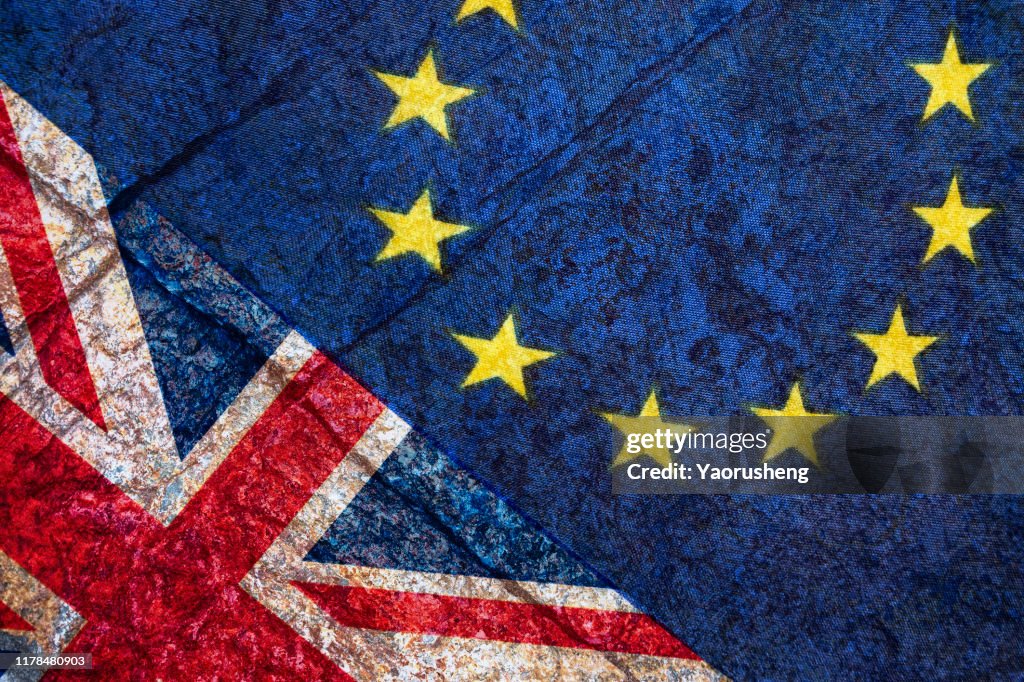 Brexit, Flags Of The United Kingdom And The European Union On Cracked Background