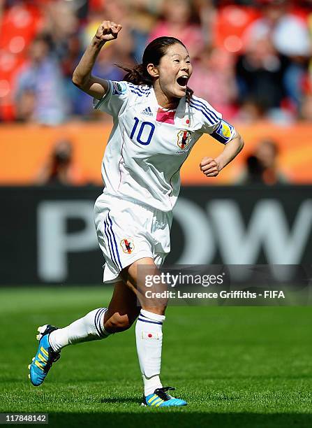 Homare Sawa of Japan celebrates scoring the fourth goal during the FIFA Women's World Cup 2011 Group B match between Japan and Mexico at the Bay...