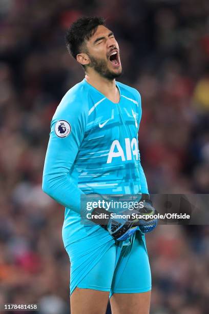 Spurs goalkeeper Paulo Gazzaniga looks dejected during the Premier League match between Liverpool FC and Tottenham Hotspur at Anfield on October 27,...