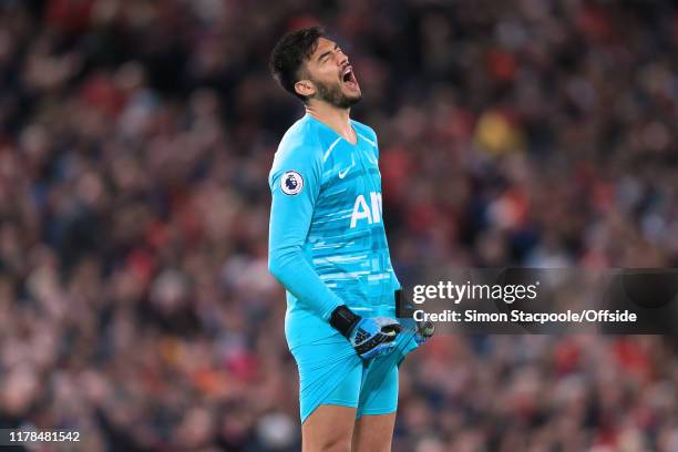 Spurs goalkeeper Paulo Gazzaniga looks dejected during the Premier League match between Liverpool FC and Tottenham Hotspur at Anfield on October 27,...