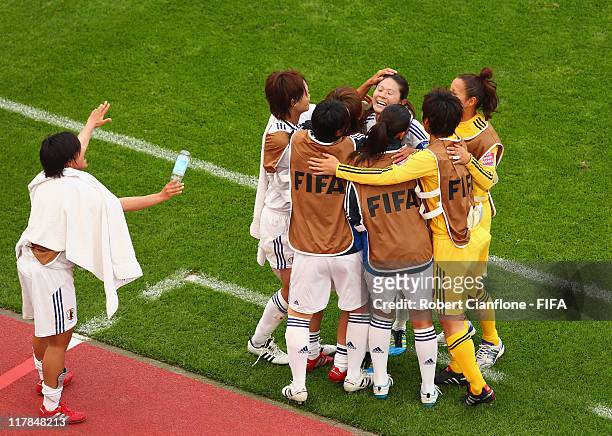 Homare Sawa of Japan celebrates her goal during the FIFA Women's World Cup 2011 Group B match between Japan and Mexico at the BayArena on July 1,...