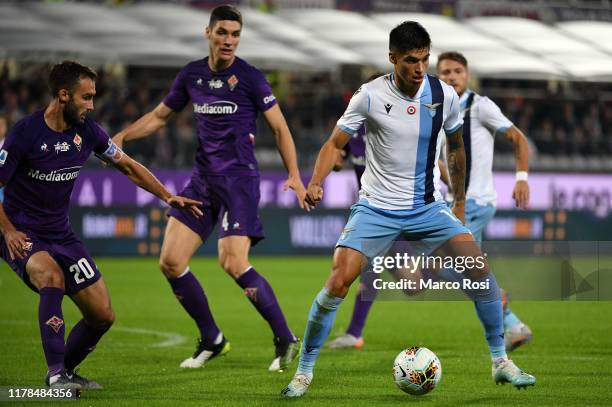 Joaquin Correa of SS lazio in action during the Serie A match between ACF Fiorentina and SS Lazio at Stadio Artemio Franchi on October 27, 2019 in...