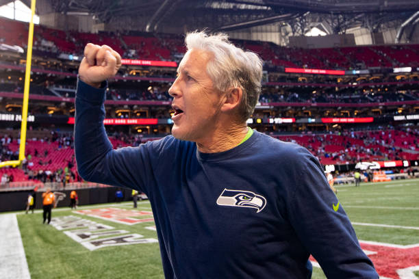 Head coach Pete Carroll of the Seattle Seahawks reacts following the Seattle Seahawks win over the Atlanta Falcons 27-20 at Mercedes-Benz Stadium on...