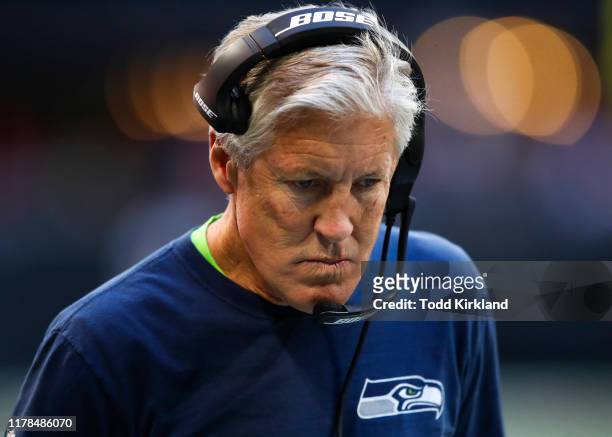 Head coach Pete Carroll of the Seattle Seahawks reacts in the second half of an NFL game against the Atlanta Falcons at Mercedes-Benz Stadium on...
