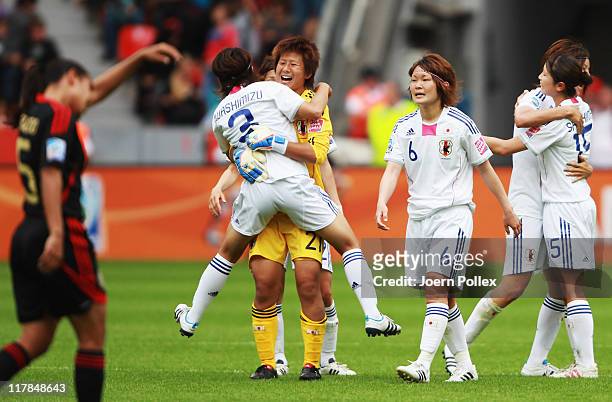 Player of Japan celebrate after the FIFA Women's World Cup 2011 Group B match between Japan and Mexico at BayArena on July 1, 2011 in Leverkusen,...