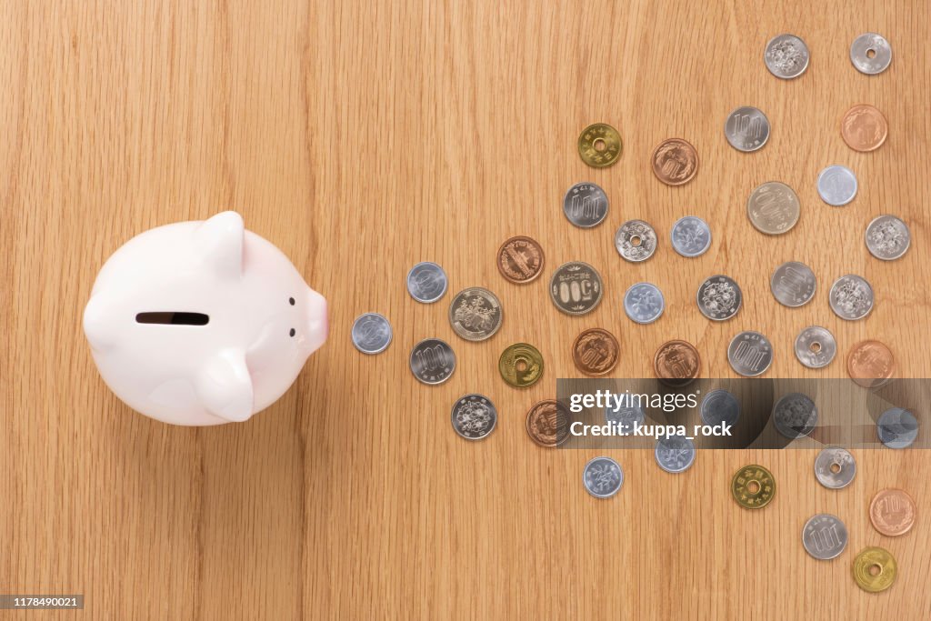 Piggy bank and coins