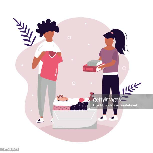 Vector scene with a boy and girl giving goods for charity. Cardboard box full of clothing, toys, shoes. Flat Design