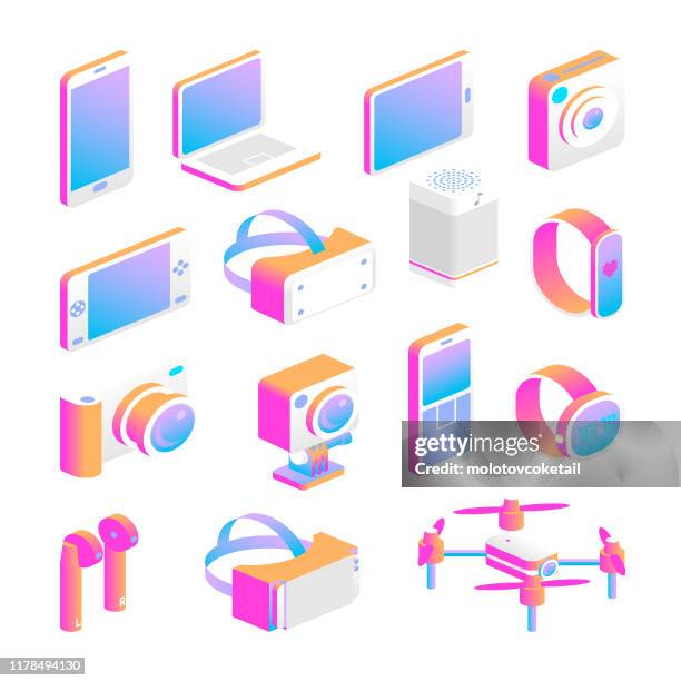 isometric gadget icon set - smart watch stock illustrations