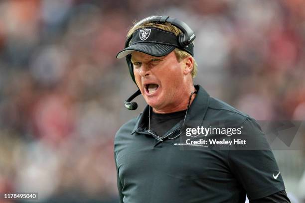 Head coach Jon Gruden of the Oakland Raiders yells at the officials during a game against the Houston Texans at NRG Stadium on October 27, 2019 in...