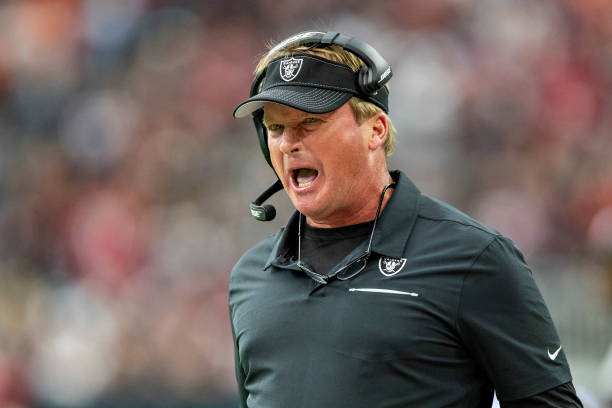 Head coach Jon Gruden of the Oakland Raiders yells at the officials during a game against the Houston Texans at NRG Stadium on October 27, 2019 in...