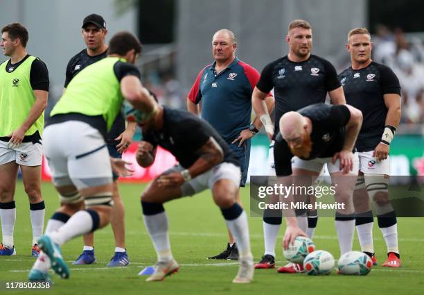 Head coach Gary Gold of the United States is seen during the warm up prior to the Rugby World Cup 2019 Group C game between France and USA at Fukuoka...