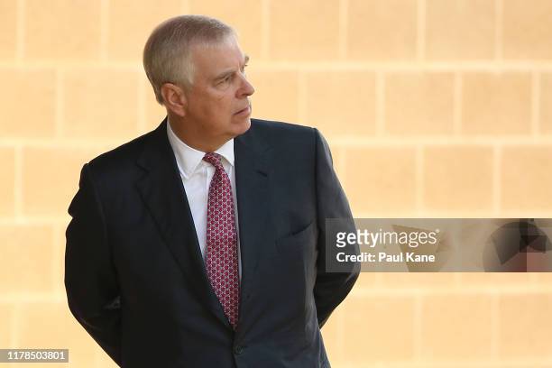 Prince Andrew looks on after being greeted by Professor Romy Lawson, Provost of Murdoch University on arrival at Murdoch University on October 02,...
