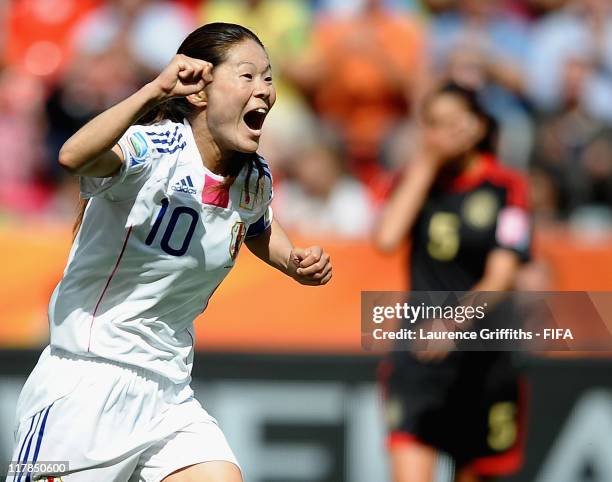 Homare Sawa of Japan celebrates scoring the fourth goal during the FIFA Women's World Cup 2011 Group B match between Japan and Mexico at the Bay...