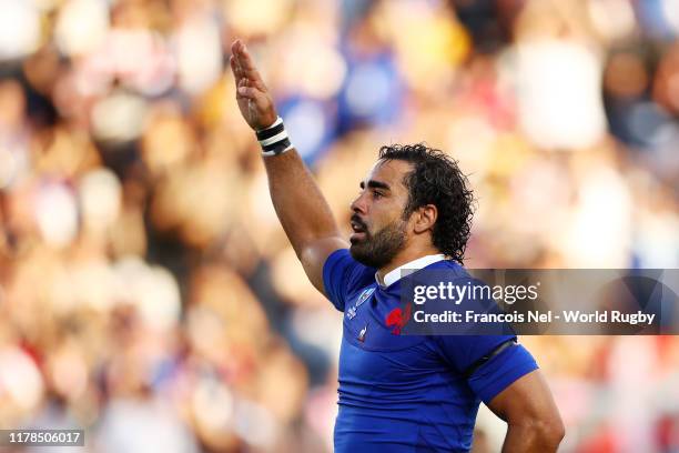 Yoann Huget of France celebrates scoring his side's first try during the Rugby World Cup 2019 Group C game between France and USA at Fukuoka...