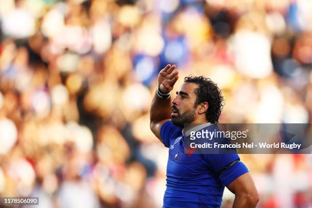Yoann Huget of France celebrates scoring his side's first try during the Rugby World Cup 2019 Group C game between France and USA at Fukuoka...