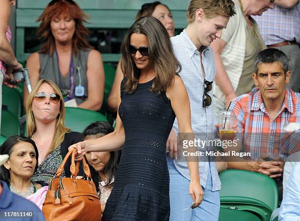 Pippa Middleton attends the semifinal round match between Andy Murray of Great Britain and Rafael Nadal of Spain on Day Eleven of the Wimbledon Lawn...